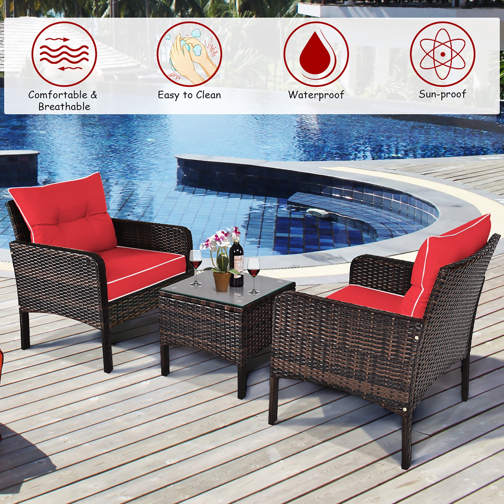 Costway 3PCS Outdoor Rattan Conversation Set Patio Furniture Cushioned Sofa Chair Red
