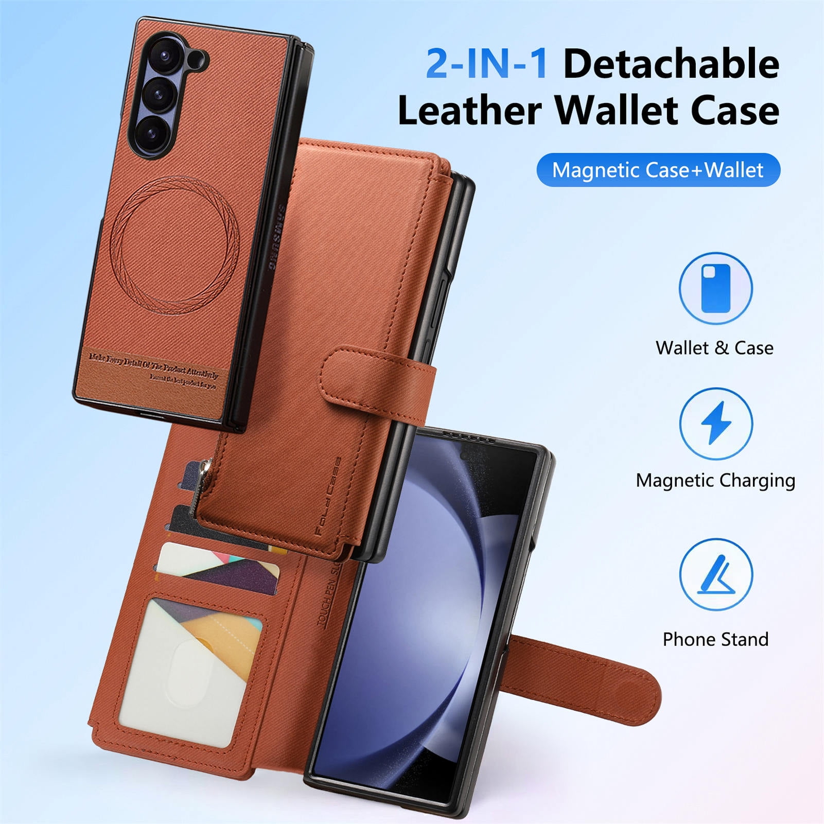 For Samsung Galaxy Z Fold 6 Phone Case,2-in-1 Magnetic Detachable Flip,Flip Folding Kickstand,With Card Slots,Zipper Pocket,Ring Holder,Fit Wireless charging,Shockproof Phone Case,Brown