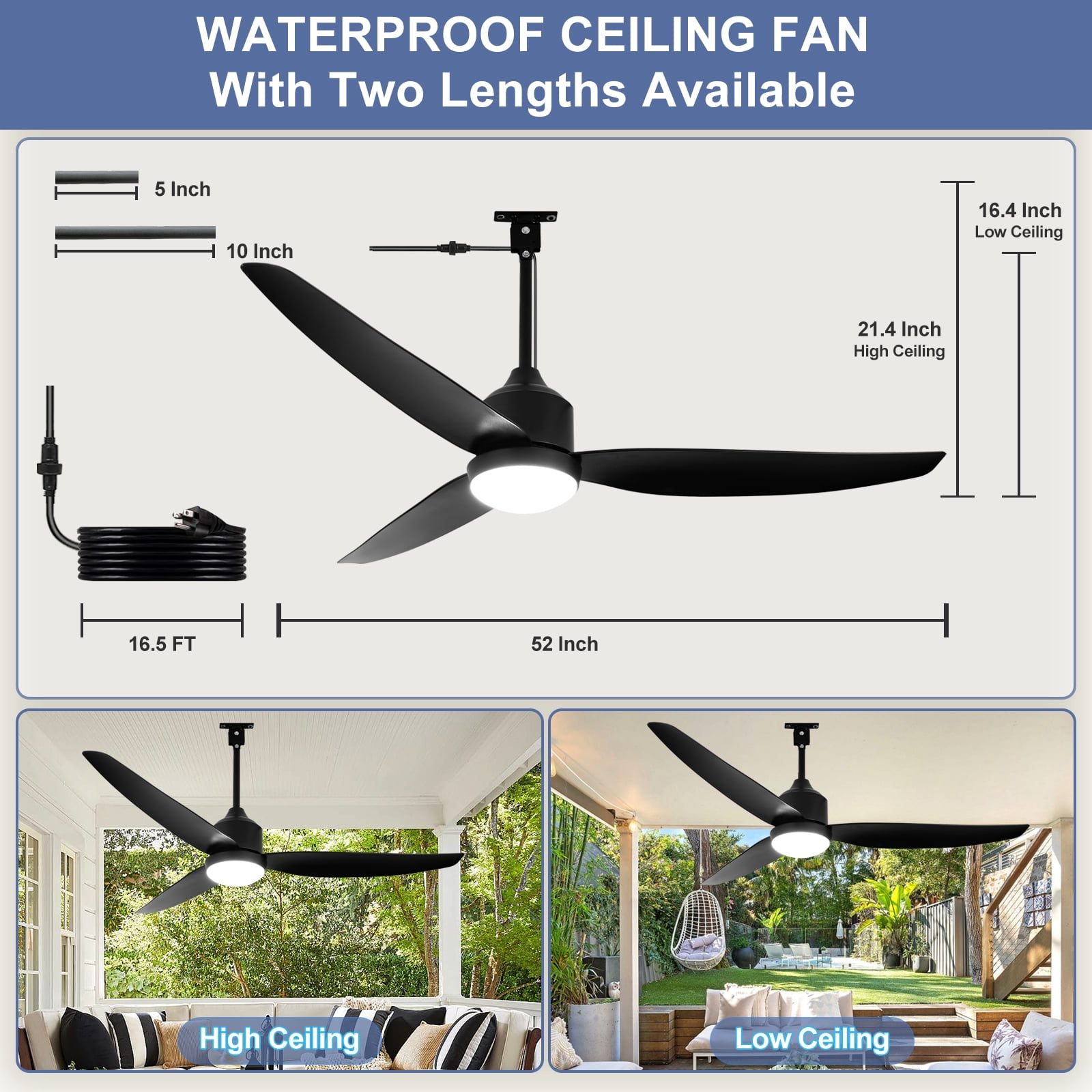 Depuley Waterproof Outdoor Ceiling Fan with Light:52" Black Hanging Fan for Patios, Gazebo - Plug-in Fan with Remote and APP, 3 CCT, 6-Speed