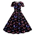 thumbnail image 1 of WILLBEST Robe Grise pour Femmes Imprimé Col Rond Manches Courtes Soirée Années 1950 Robe de Bal, 1 of 2