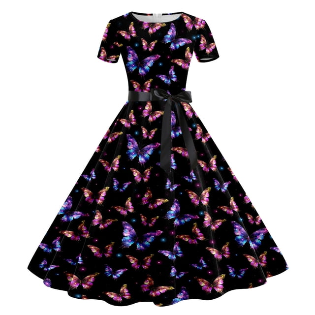 WILLBEST Robe Grise pour Femmes Imprimé Col Rond Manches Courtes Soirée Années 1950 Robe de Bal