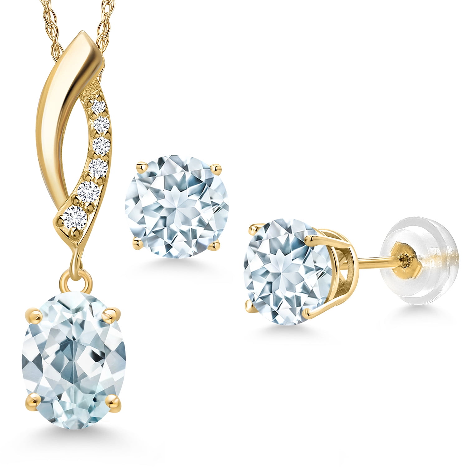 Gem Stone King 14K Yellow Gold Sky Blue Aquamarine and Lab Grown Diamond Pendant Earrings Jewelry Set for Women | 2.76 Cttw | Gemstone March Birthstone | Oval 8X6MM | with 18 inch Chain