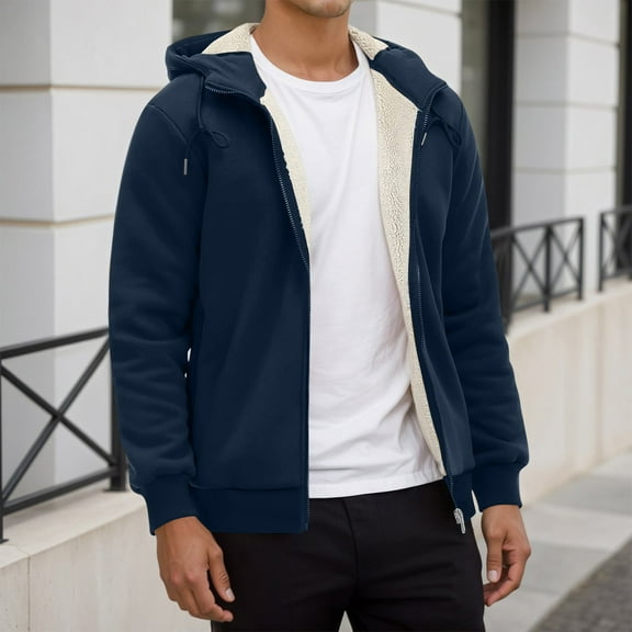 Men's Casual Zip Up Sherpa Lined Hoodie Sweatshirt Jacket (Navy L)