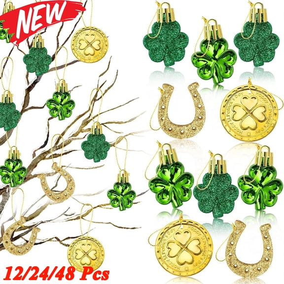 KOYPTL 12 Psc St. Patrick's Day Ornaments Set Irish Shamrock Hanging Ornaments,4 Styles Shiny/Matte/Glitter Shamrock Mini Tree Decorations,1.5 Inch Lucky Clover Party Supplies for Home Classroom