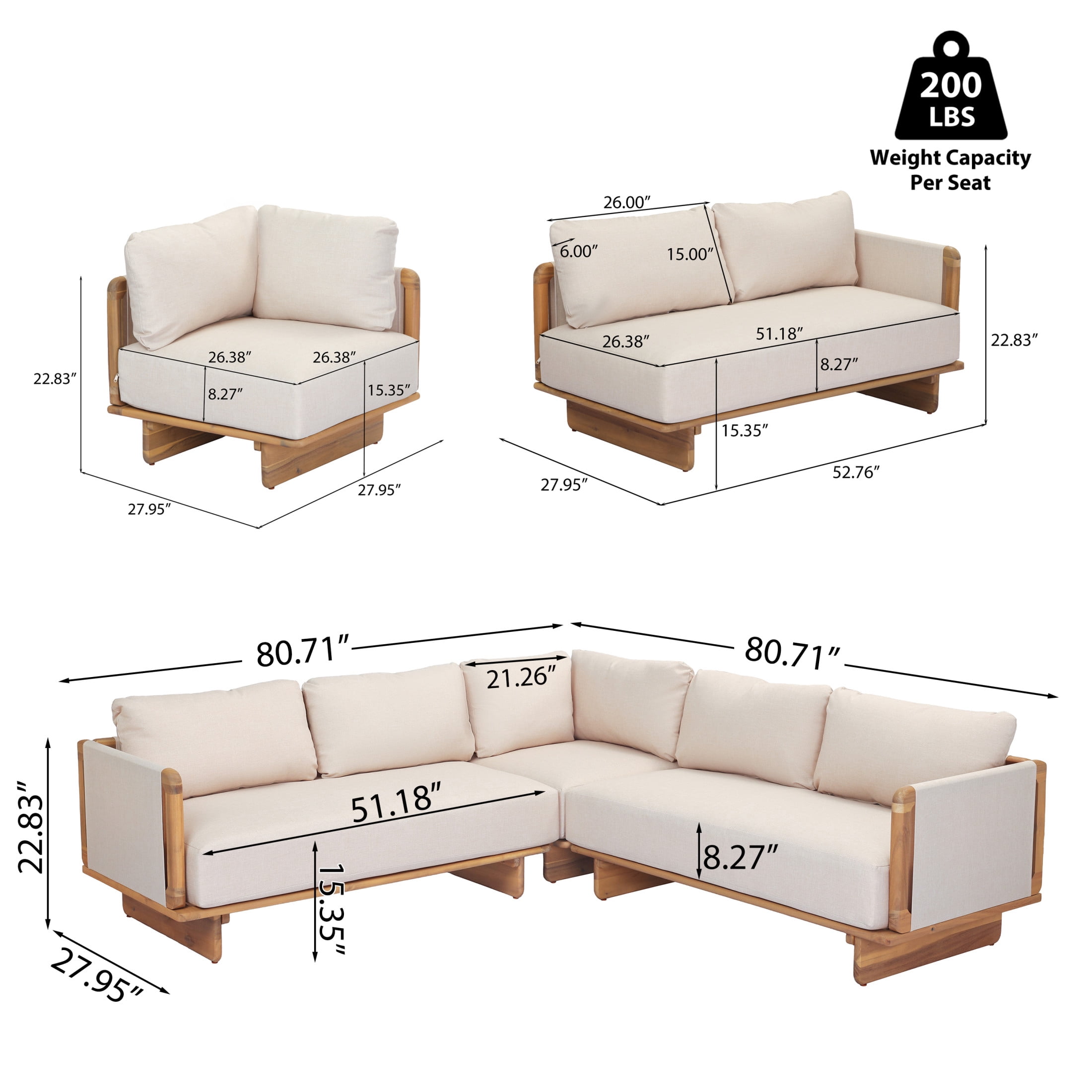 Christopher Knight Home V-Shaped Outdoor Sofa, 5-Seater Sectional with Cushions, Light Teak+Beige