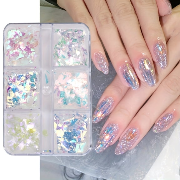 6 Grids Iridescent Nail Art Foil Flakes, Colorful Glass Paper Stickers, Sparkling Sequins, Manicure Glitter Decorations for Nail Design