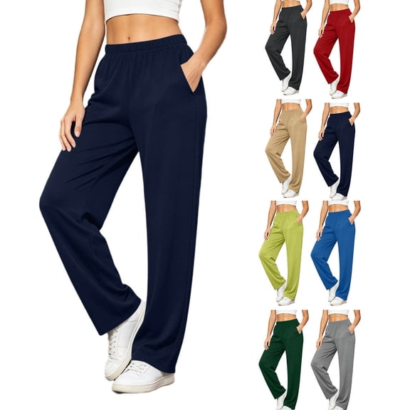 Women Elastic High Waist Straight Leg Sweatpants Soft Loose Casual Long Trousers with Side Pockets Solid Color Fall Lounge Walking Pants