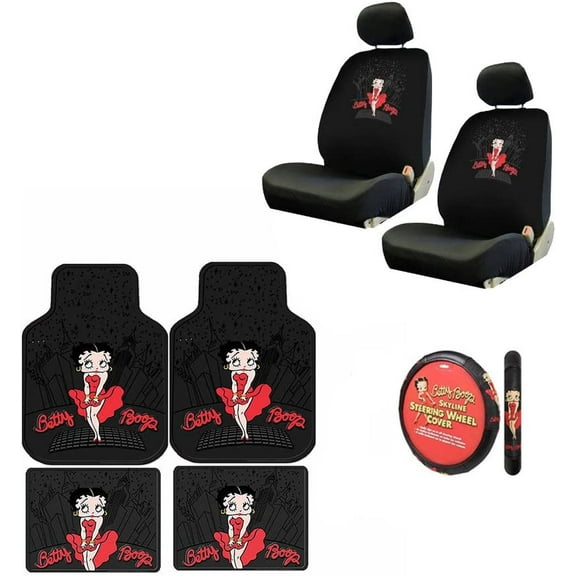 7PC Betty Boop Gift Set: 2 Lowback Seat Covers, 2 Front Floor Mats, 2 Rear Floor Mats, and 1 Steering Wheel Cover. - Betty Boop