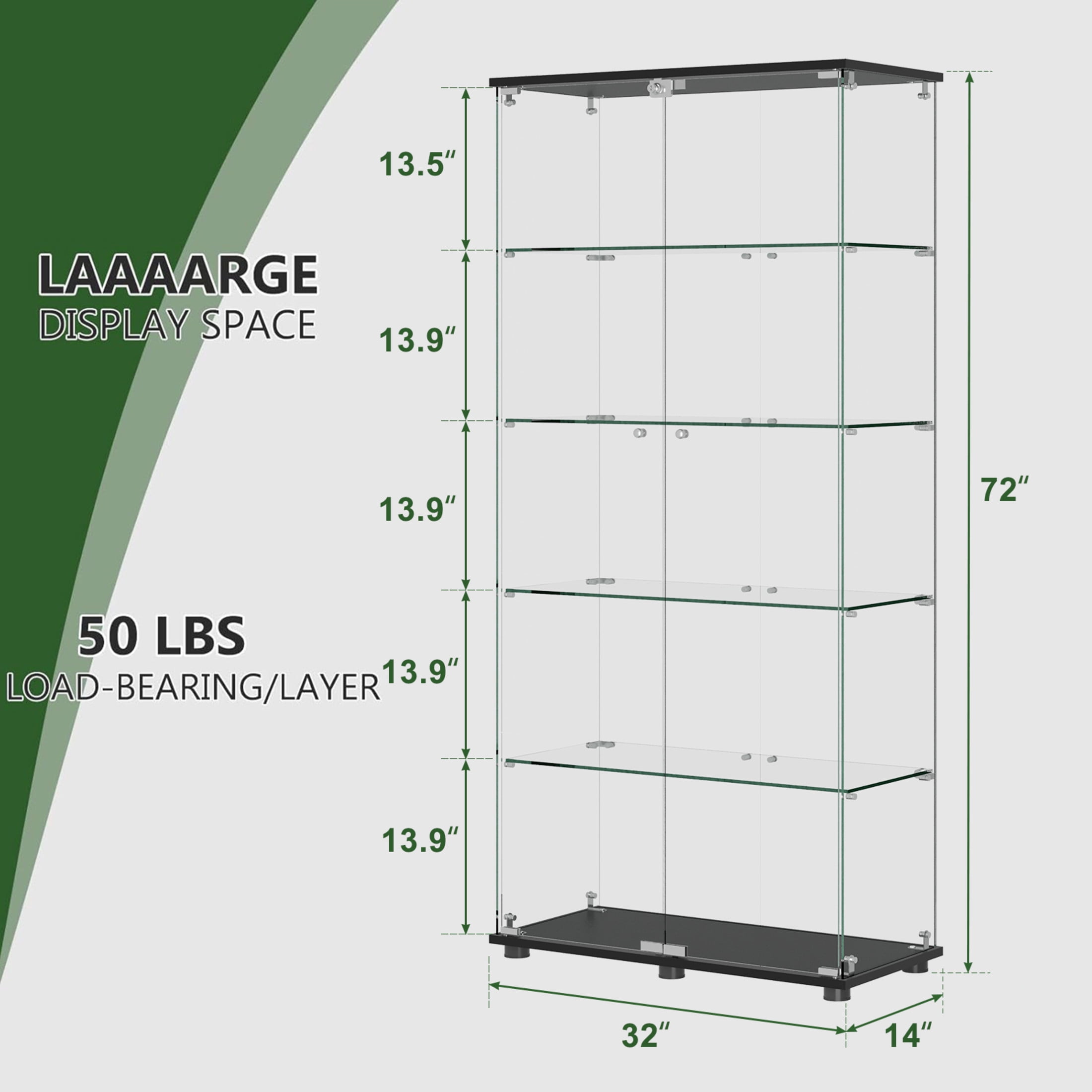 Noble House Floor Standing Display Cabinet with Locking Double Doors, 5-Shelf Tempered Glass Curio Cabinet, Black
