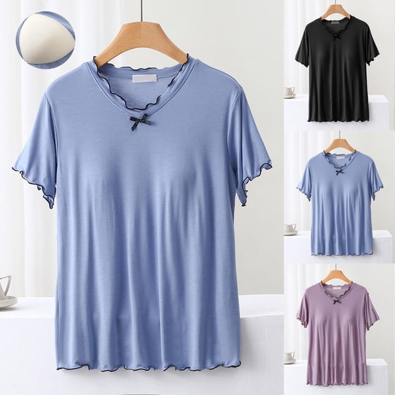 YHAJDS Pajama Tops for Women Solid Color Short Sleeve Bow Built In Bra Sleep Tee