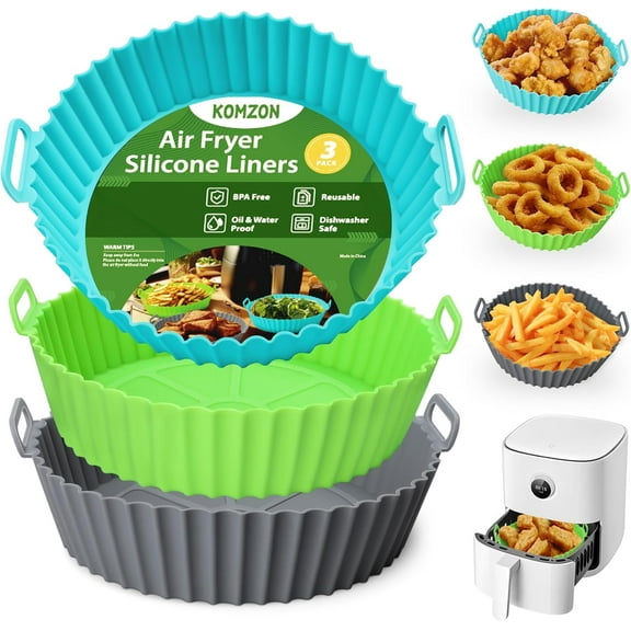 3 Pack Air Fryer Silicone Liners Pot for 3 to 5 QT, Air Fryer Silicone Basket Bowl, Replacement of Flammable Parchment Paper, Reusable Baking Tray Oven Accessories (Top 8in, Bottom 6.8in)