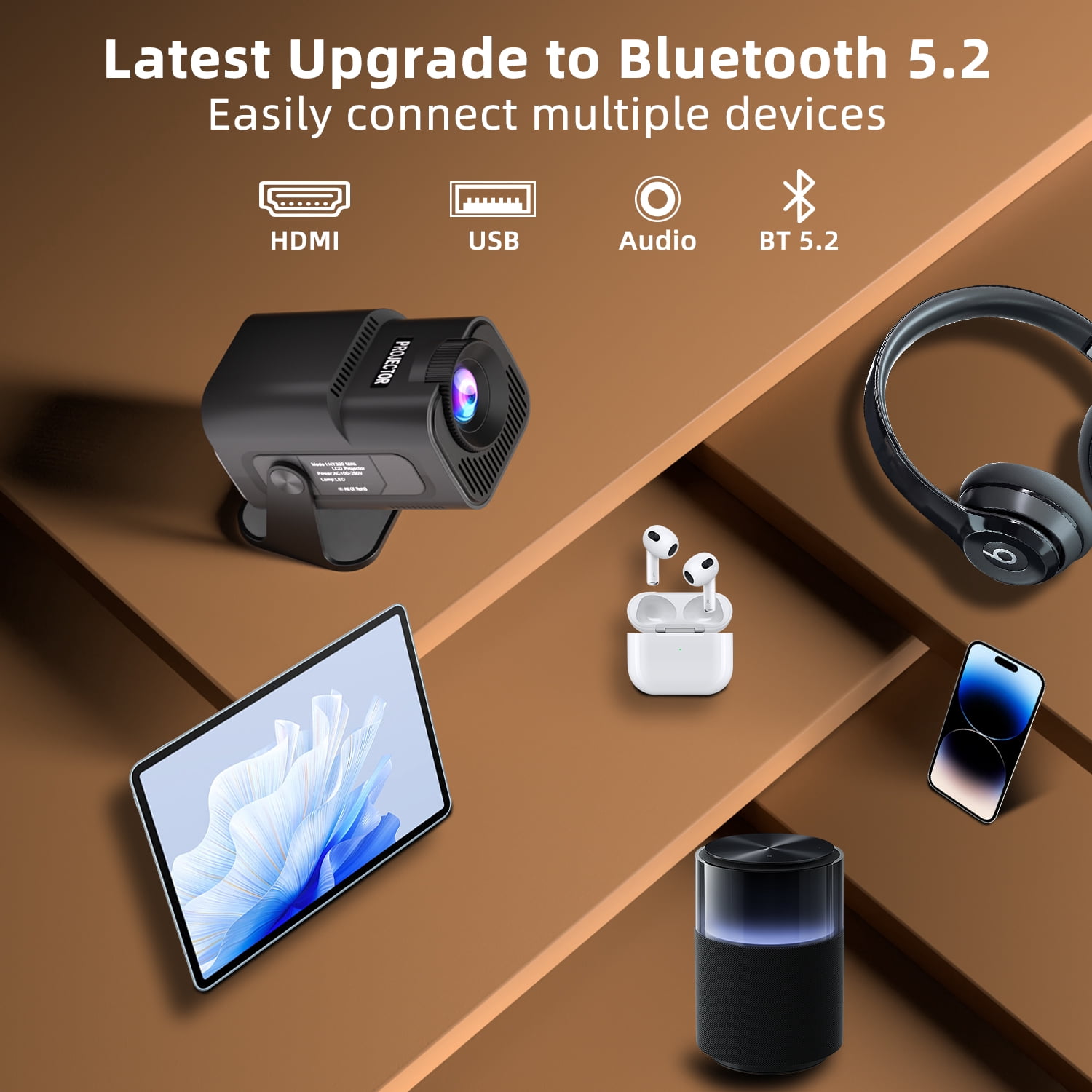 Salange Mini Projector with Wifi 6 and Bluetooth, 1080P Full HD with 4K Supported,Auto Keystone for Home Theater & Camping,Black