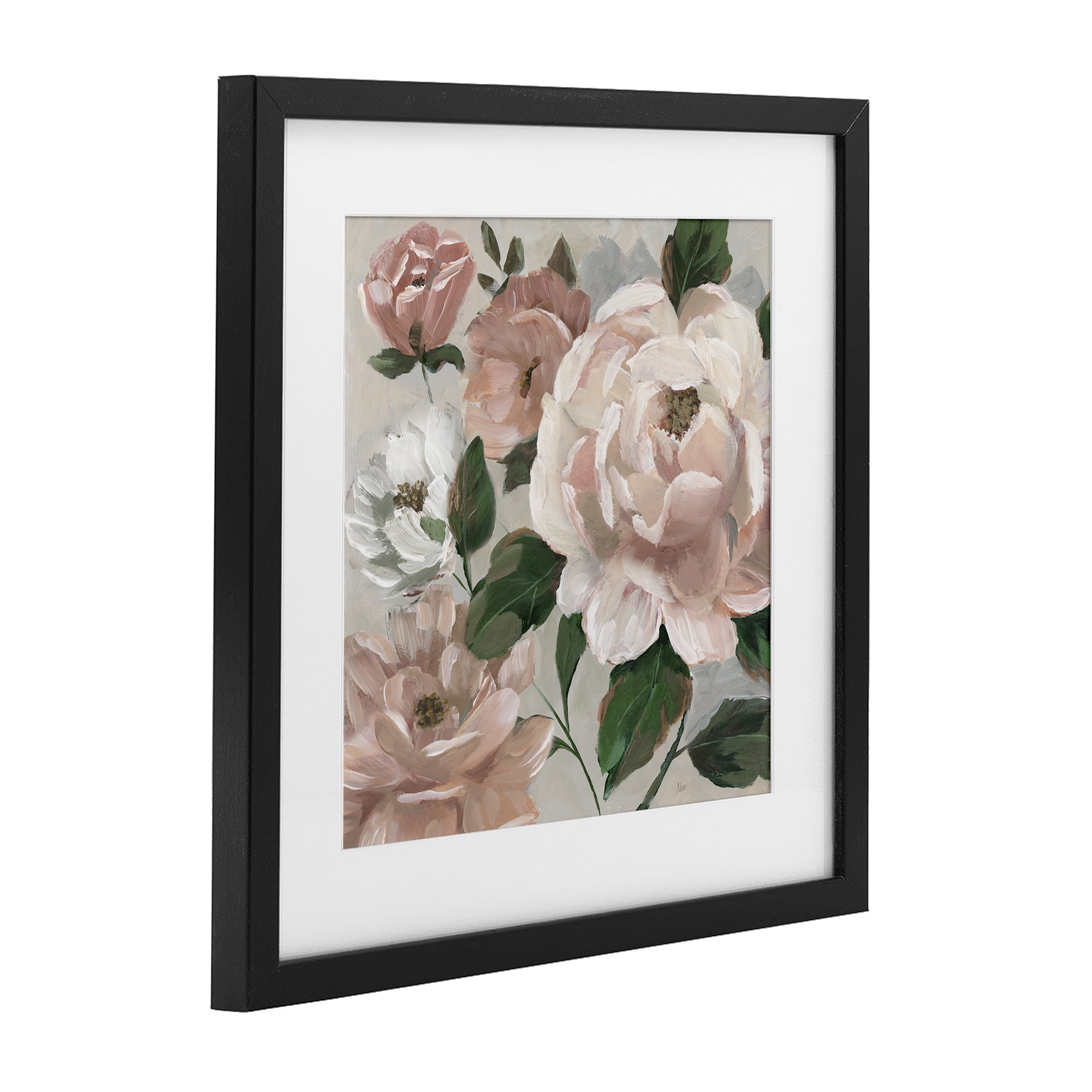 Stupell Industries Delicate Blush Peonies with Leaves Black Framed Print Under Glass, design by Nan