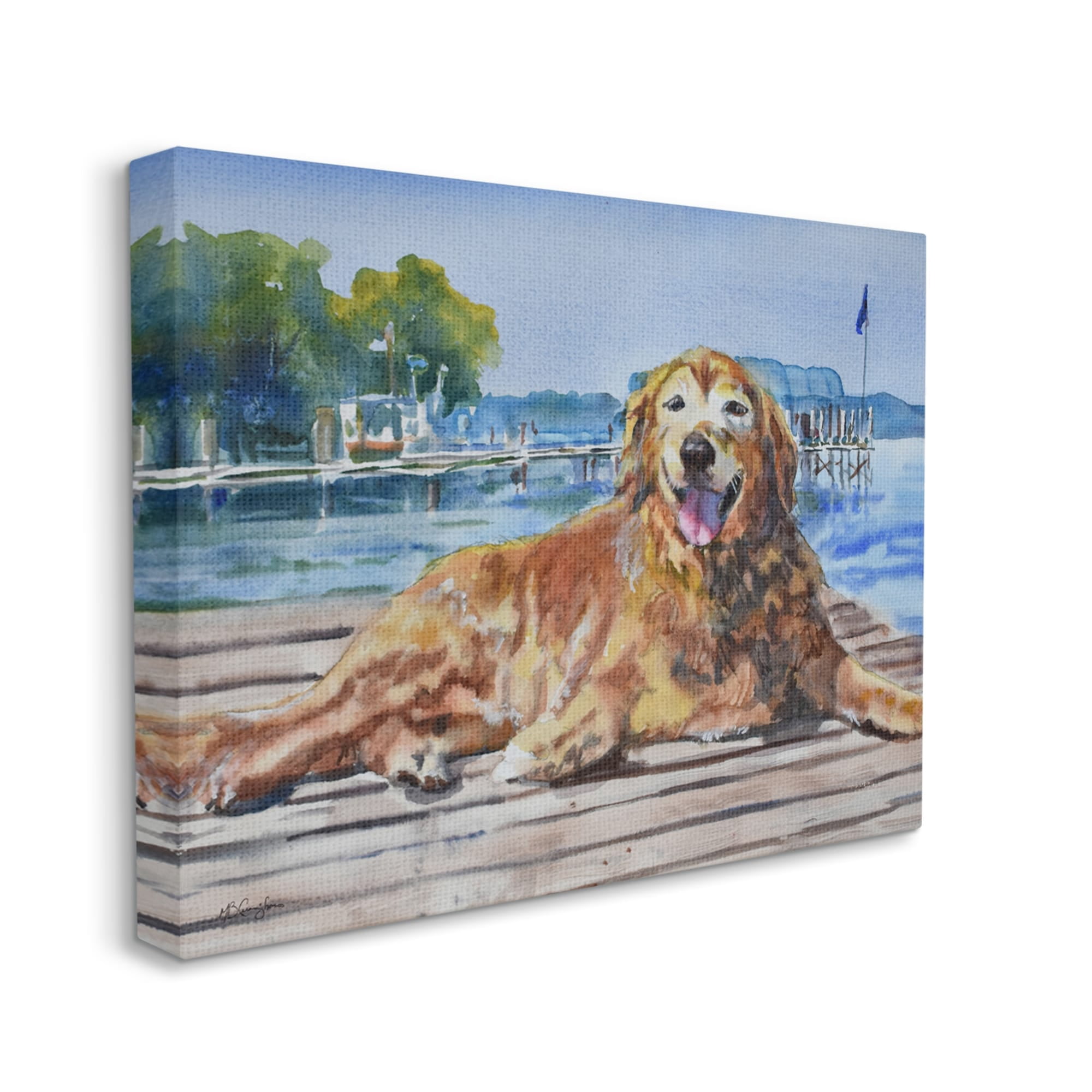Stupell Industries Coastal Waterfront Scenery Golden Retriever Relaxing Dock Coastal Painting Gallery-Wrapped Canvas Print Wall Art, 20 x 16, Design by MB Cunningham