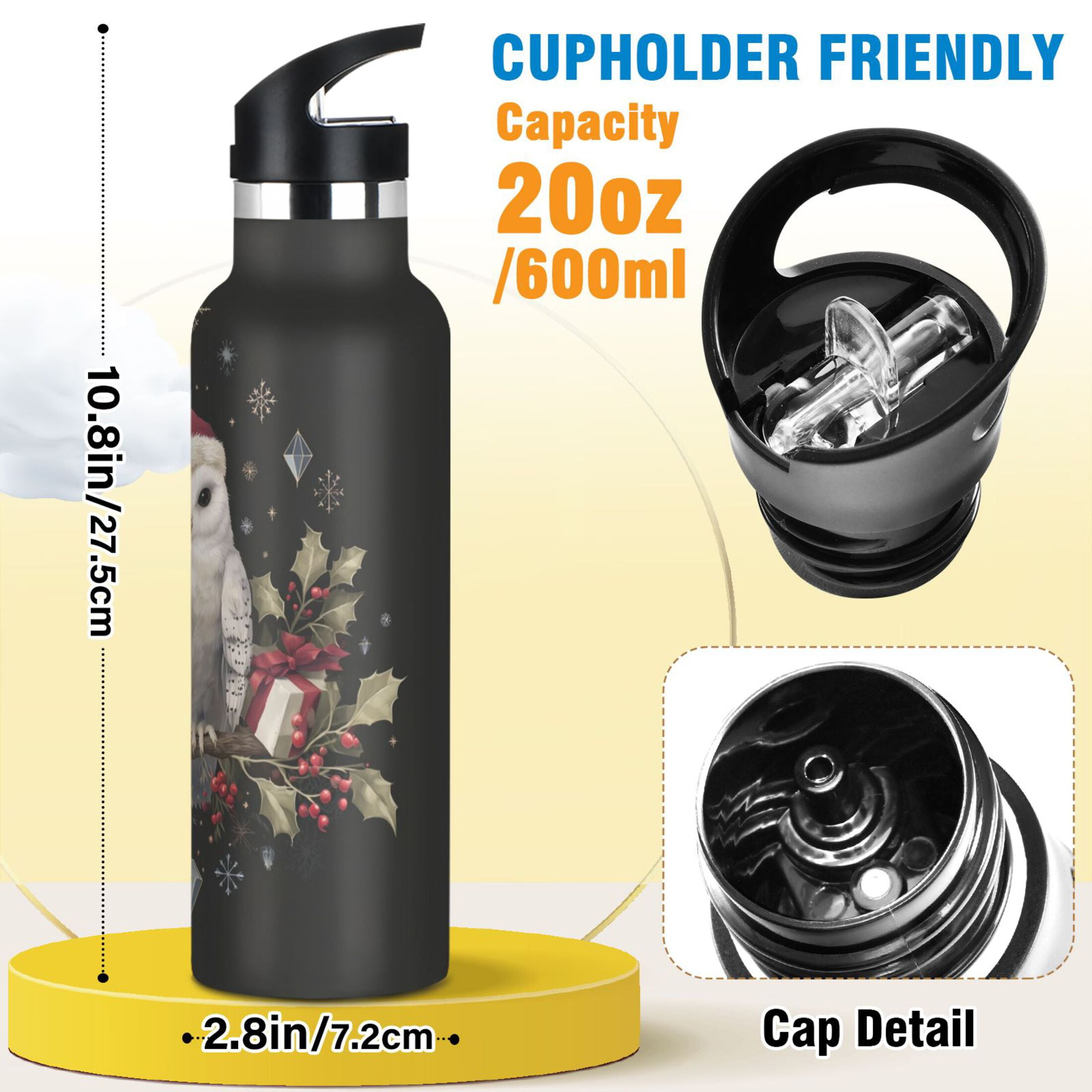 600ML Stainless Steel Insulated Cup Sports Water Bottle Portable Thermos Cup Water Glasses Insulated Tumblers Convenient and Durable Magical Christmas Black Owl