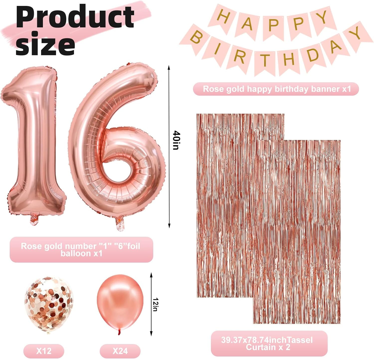 Happy Greetings Sweet 16 Party Decorations Kit for Girls, Rose Gold 16th Birthday Boxes, Balloon, Birthday Banner & Party Supplies Set for Women - 44 PCS