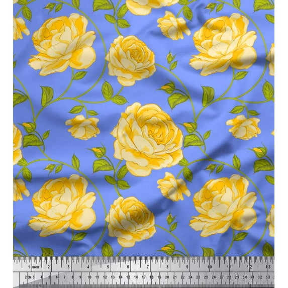 Soimoi Georgette Viscose Fabric Leaves & Rose Floral Printed Fabric 1 Yard 42 Inch Wide
