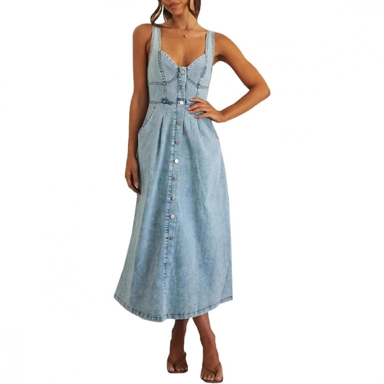 denim cami midi dress Women Solid Color Sleeveless Denim Cami Midi Dress, Multi Buttons Pockets  Flared Swing Casual Dress