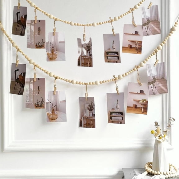 TUWAFE 2PCS Hanging Photo Display Wall Decor,Boho Wooden Bead Garland Picture Hanging String with Clips for Dorm, Bedroom, Living Room, Office Cubicle Decor, Art Display Hangers for Artwork