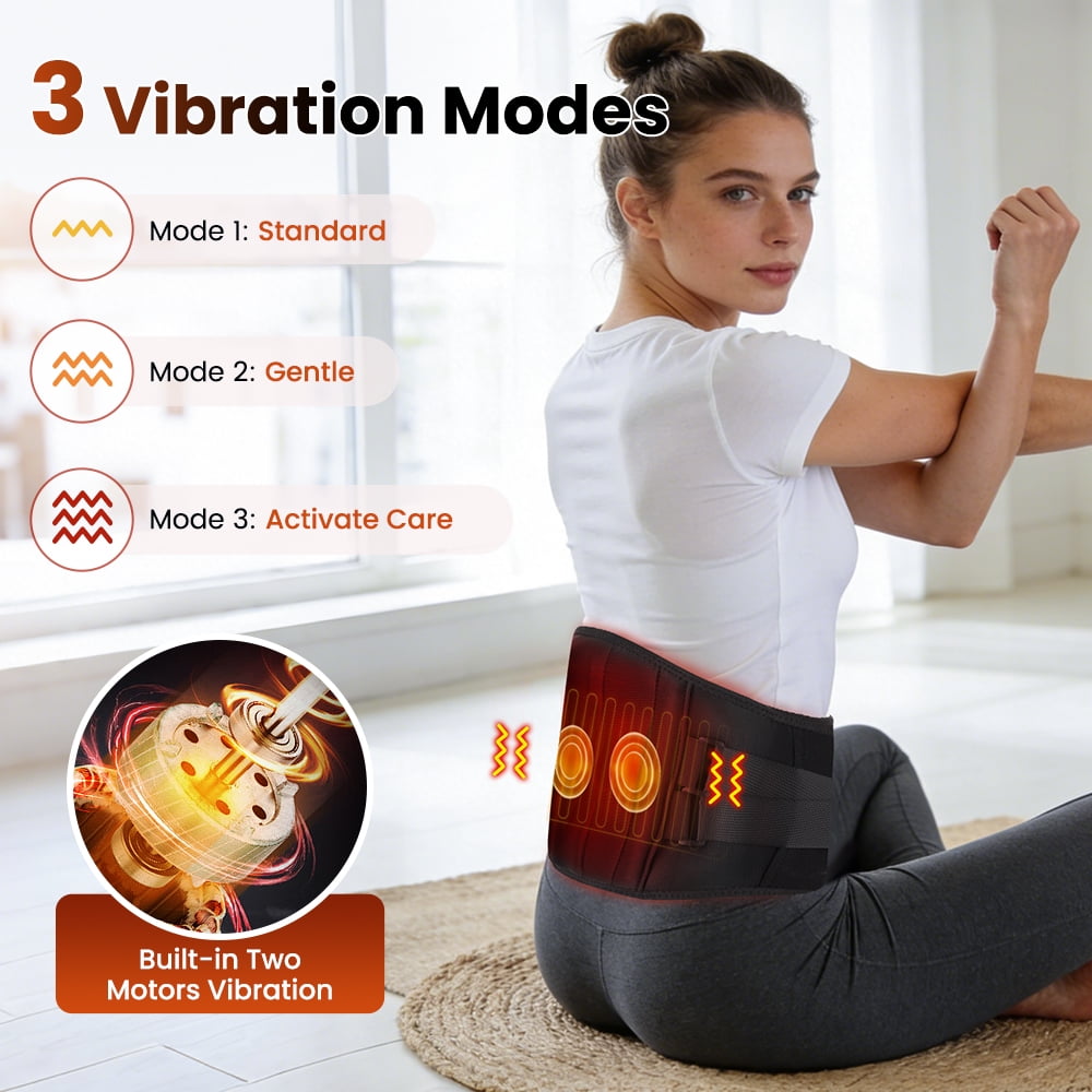 Cordless Heating Pad for Back, Heated Waist Belt Massager, Heated Back Lumbar Support Belt, 3 Heat & Vibration Modes, USB Rechargeable for Relaxation, Black
