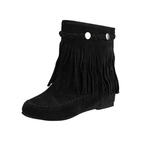 

asdoklhq Cowboy Boots for Women Women s Retro Shoes Casual Fashion Solid Color Fringed Frosted Suede Flat Inner Height Ankle Boots