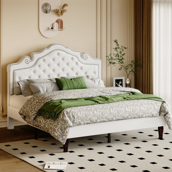 Allewie Queen Bed Frame, Velvet Tiara Upholstered Diamond Button Tufted Headboard, No Box Spring Needed, White
