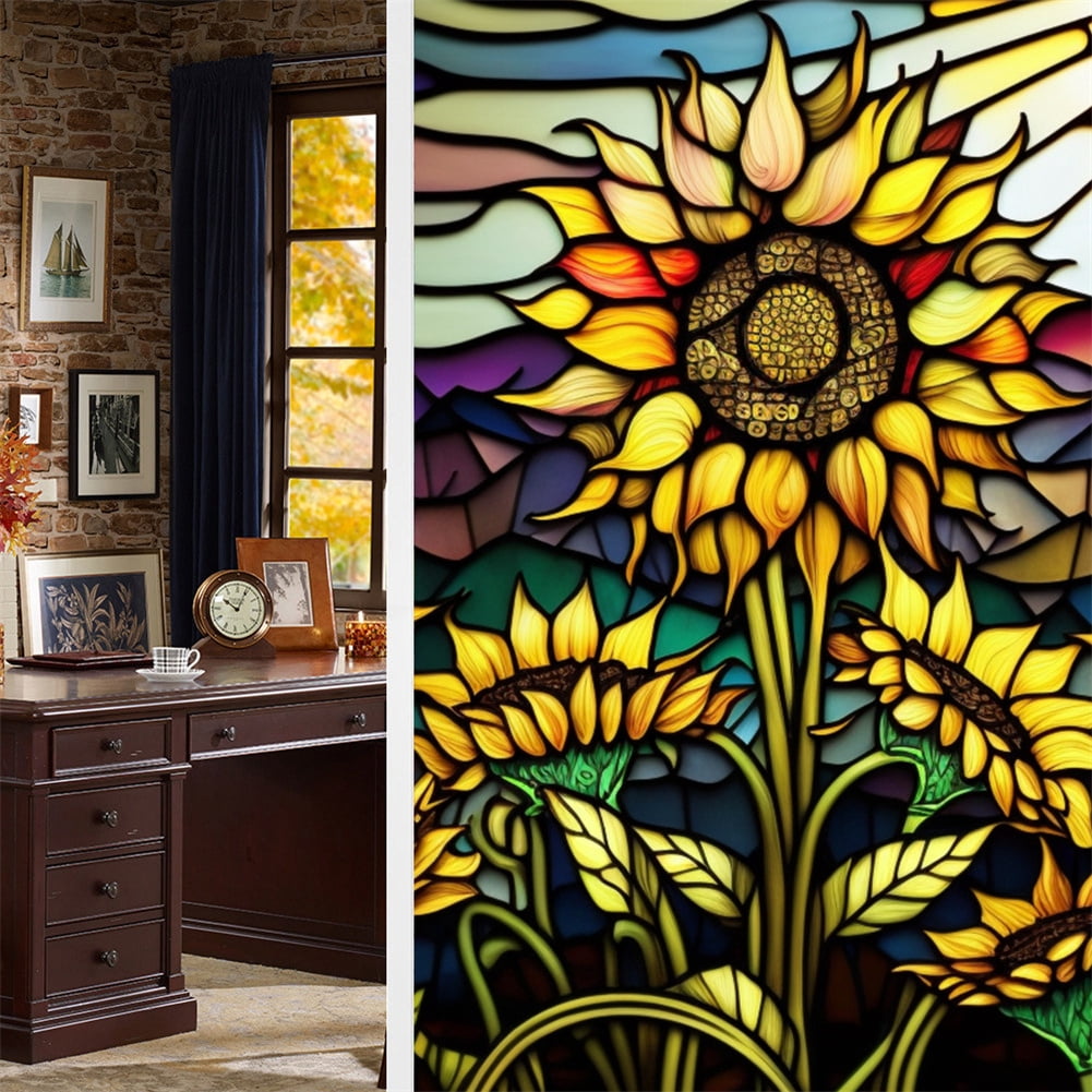 Sunflower Stained Glass Window Film Removable Uv Blocking Heat Insulation Privacy Window Film Decorative Static Cling