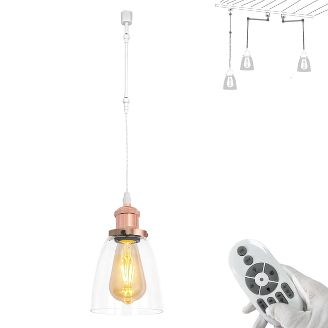 FSLiving Gimbaled LED Track Pendant Light,Adjustable Height Juno Track Lighting,Retro Rose Gold Socket&Clear Glass Shade, Remote Control with E26 Smart LED Edison Bulb for Vaulted Ceiling - 1 Light