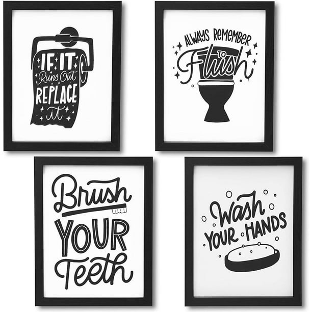 Set Of 4 Bathroom Wall Art Prints, Black And White Framed Art For Bathroom