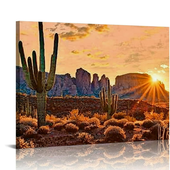 Creowell Arizona Western Desert Cactus Landscape Paintings Canvas Art Print Superstition Mountains Sunset Wall Art Nature Pictures for Home Wall Decoration Ready to Hang 20x16in