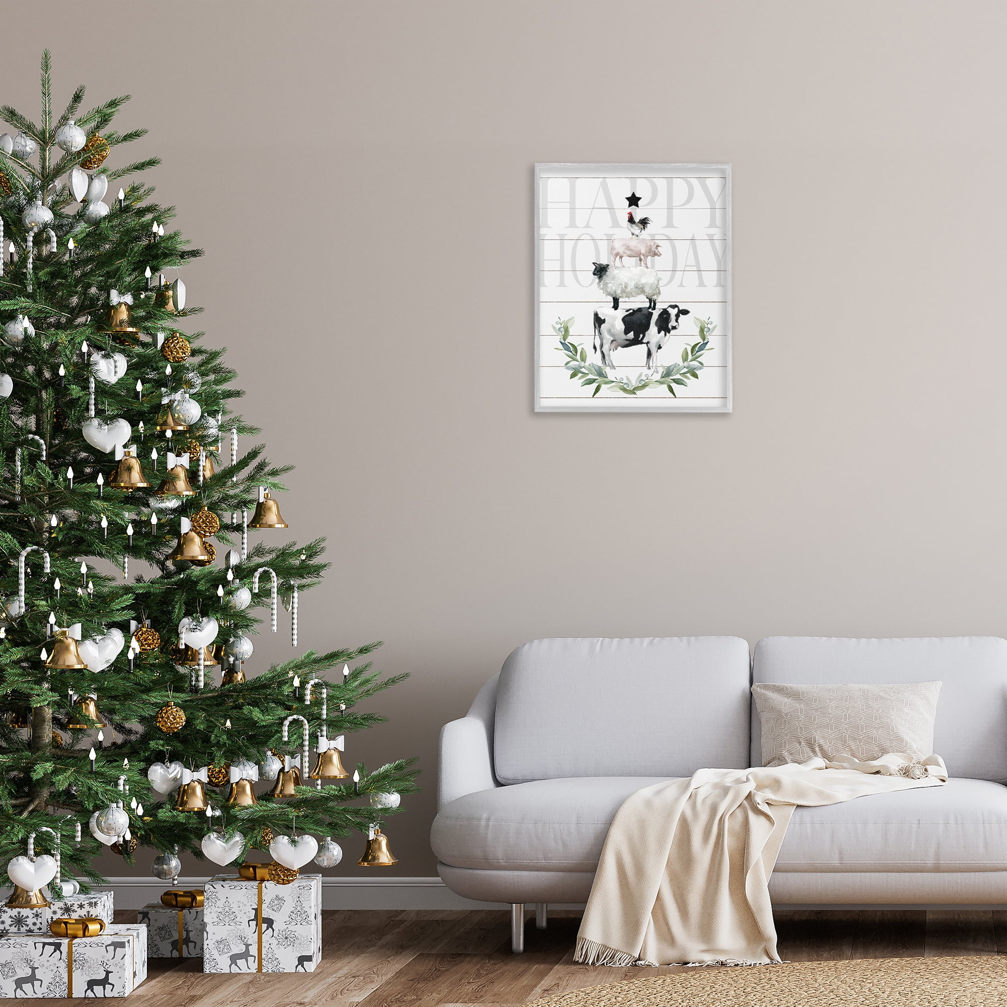 Stupell Industries Happy Holiday Farm Animals Holiday Painting Gray Framed Art Prints Wall Art, 24 x 30