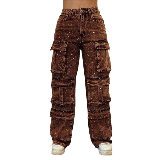 Pantalones vaqueros de pierna ancha con diamantes de imitación for mujeres y adolescentes, pantalones de mezclilla elásticos y holgados for fiestas y festivales