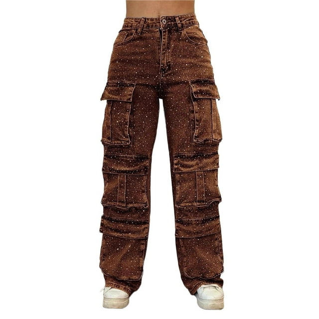 Pantalones vaqueros de pierna ancha con diamantes de imitación for mujeres y adolescentes, pantalones de mezclilla elásticos y holgados for fiestas y festivales