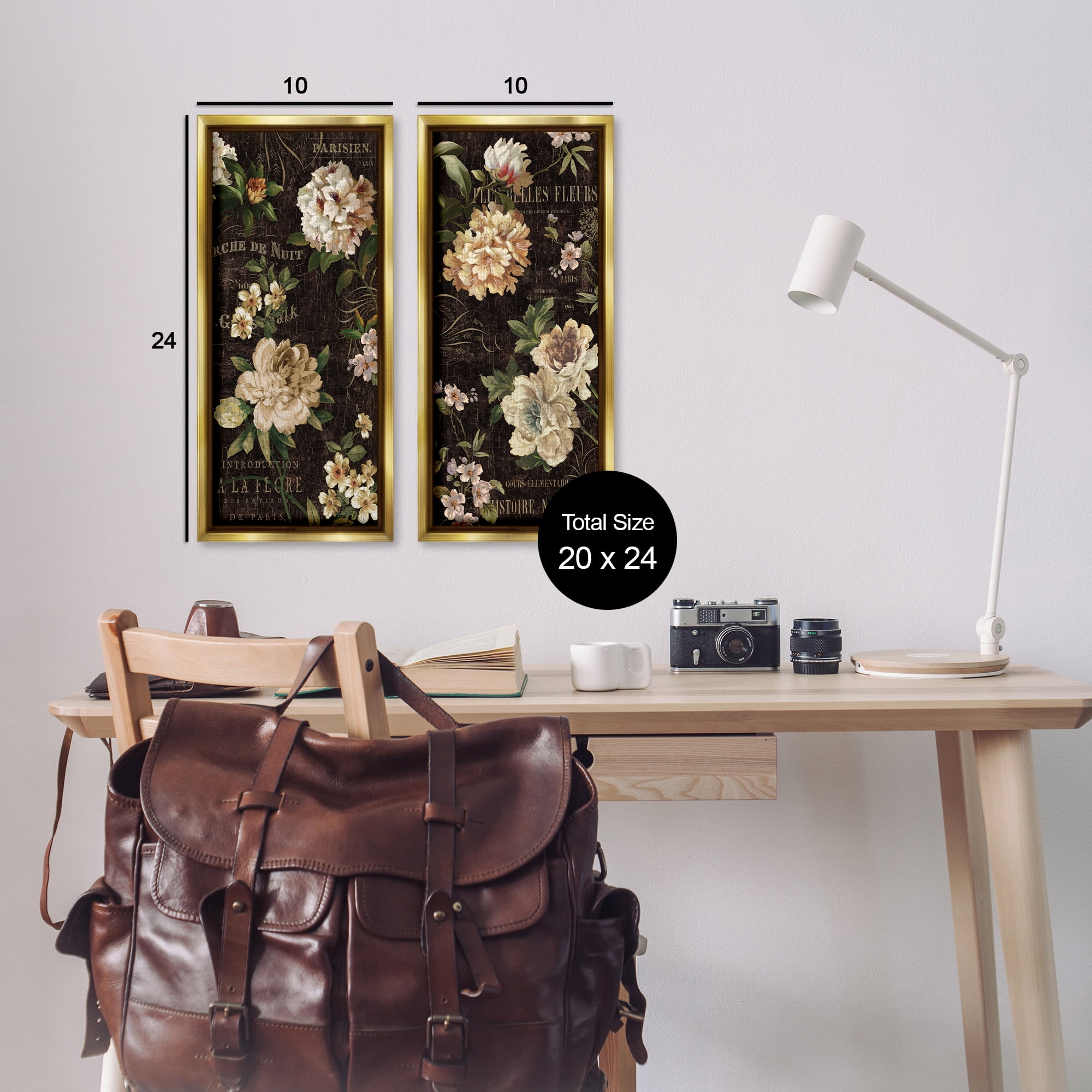 Stupell Industries Vintage French Typography Flowers Botanical & Floral Painting Gold Floater Framed Canvas Art Print Wall Art, 11 x 25, Set of 2