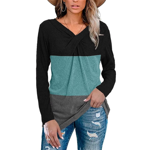 Camisa con cuello en V torcida para mujer, camisetas de manga larga con bloques de color a la moda, informales, suaves, para la vida diaria de vacaciones