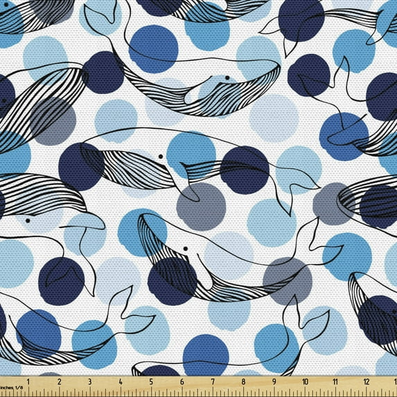 Whales Fabric by the Yard, Ink Hand-drawn Marine Mammals on the Background with Big Dots in Blue Color Shades, Decorative Upholstery Fabric for Sofas and Home Accents, 2 Yards, Multicolor by Ambesonne