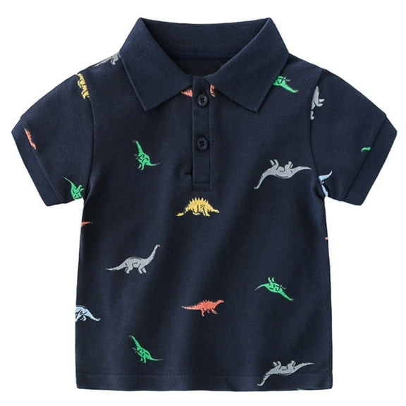 Tisuna Toddler Boys Shirt Dinosaur Print Short Sleeve Lapel Neck Tops Cute Lovely Summer Kids Outwear Navy Size 3-4 Years