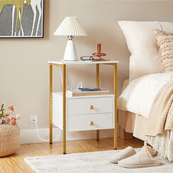 HOOBRO Nightstand with Charging Station & Drawers, White and Gold