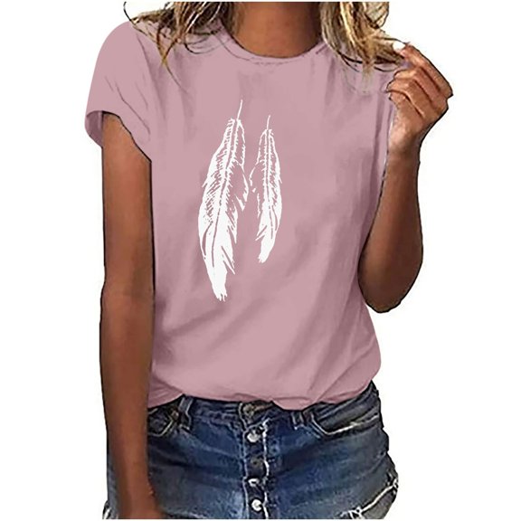 Womens T Shirts Loose Fit Summer Casual Round Neck Graphic Feather Print Tee Tshirts Short Sleeve Tops Blouses (3X-Large, Pink 01)