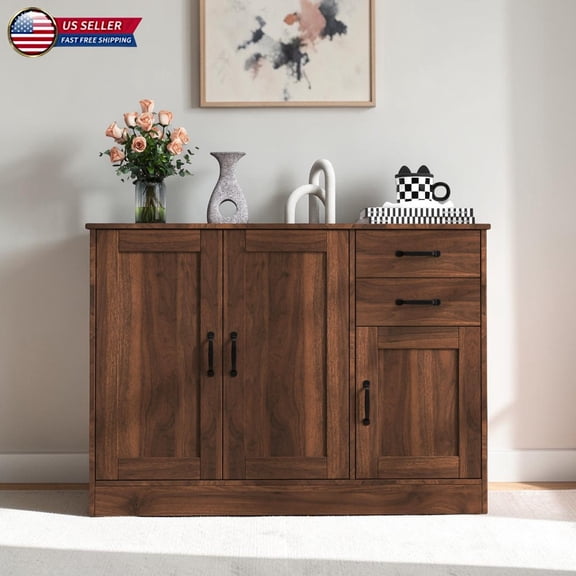 Hassch 43.3 Inch Buffet Sideboard with 3 Doors and 2 Drawers, Modern Farmhouse Wooden Console Cabinet with Adjustable Shelf for Living/Dining Room, Entryway, Walnut