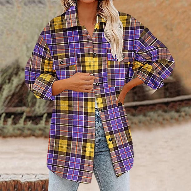 Pntutb Mujeres Casual A Cuadros Manga Larga Solapa Un Solo Botonadura Abrigo Tops Blusa Abrigo Liquidación Pntutb Pntutb-4612