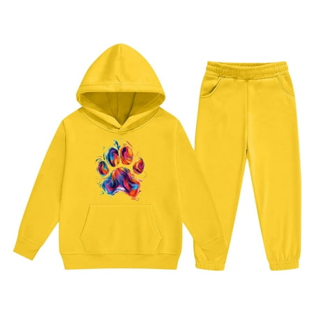 Eltusu Boys Outfit Sets Printed Long Sleeve Relaxed Fit Two Pieces Hoodies and Sweatpants Sets Yellow Size 13-14 T