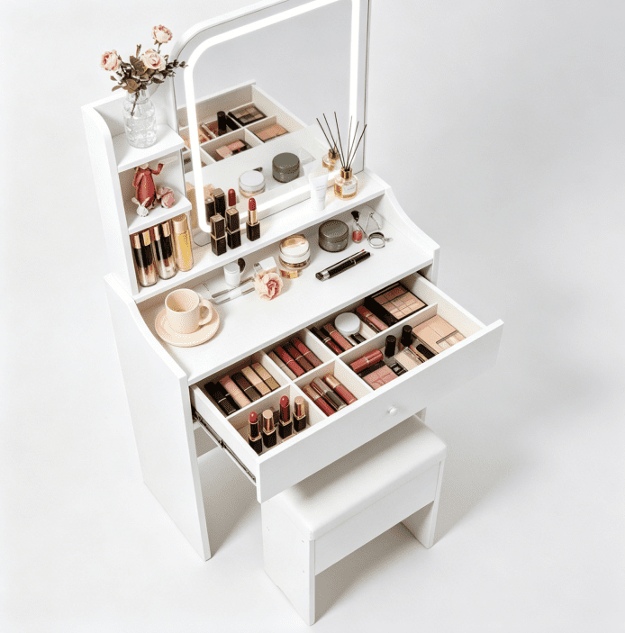 White vanity set includes smart LED mirror, women's bedroom makeup table with storage; suitable for bedrooms, living rooms, dormitories, etc.