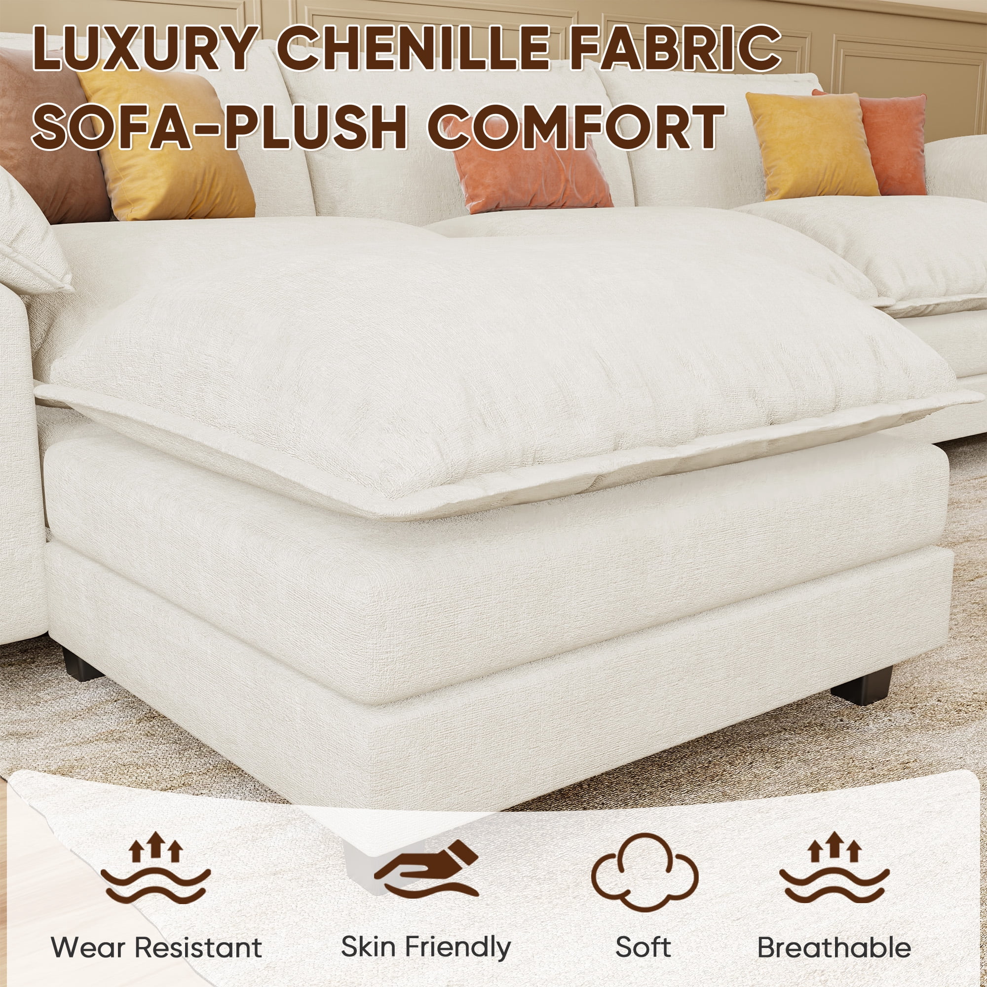 Homall Sectional Sofa 3-seat L-shaped Sofa with reversible toffee chair Movable Footrest Sofa,White