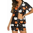 thumbnail image 4 of Feancey Cute Pjs for Women Set Halloween Pumpkin Print Pajama Sets Short Sleeve Button Down Shirt with Shorts Loungewear 2 Piece Outfits Multicolor M, 4 of 6