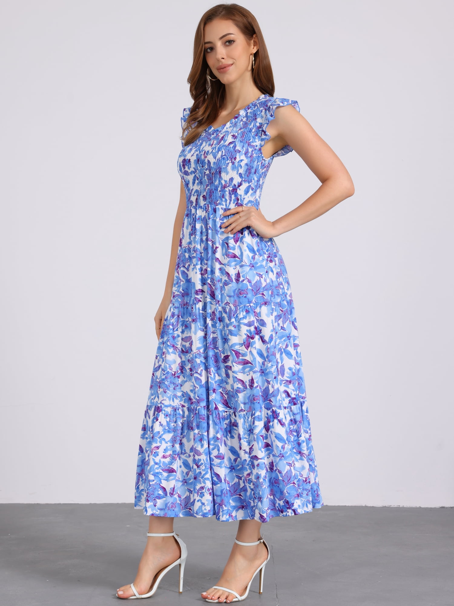 DARING DIVA V Neck Smocked Ruffle Tiered Maxi Dress L Blue
