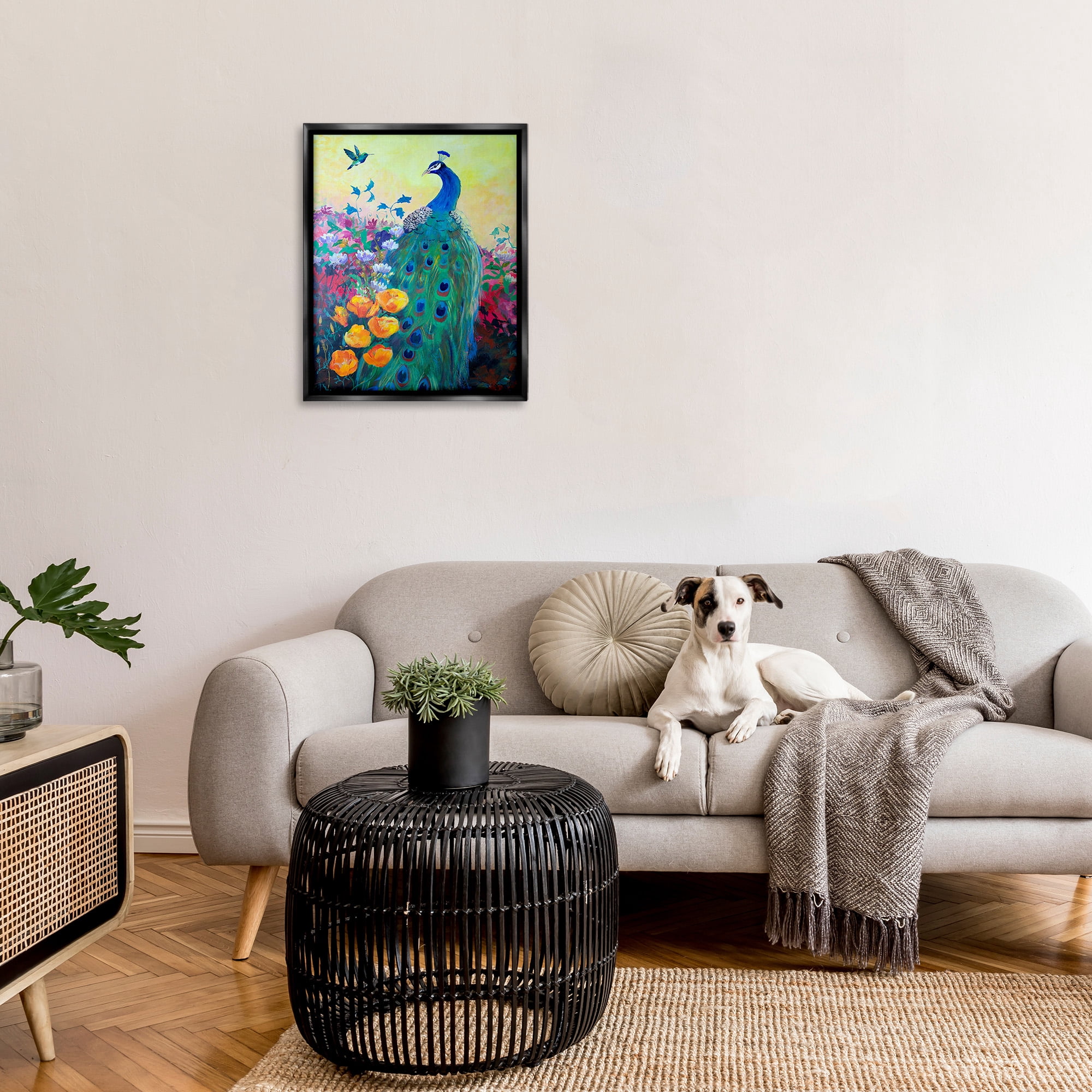 Stupell Industries Peacock & Garden Flowers Animals & Insects Painting Black Floater Framed Canvas Art Print Wall Art, 25 x 31