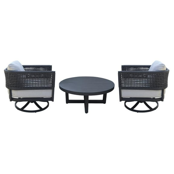 Outdoor Woven Abaca Rope Patio Set With Coffee Table and 2 Swivel Rocking Chairs