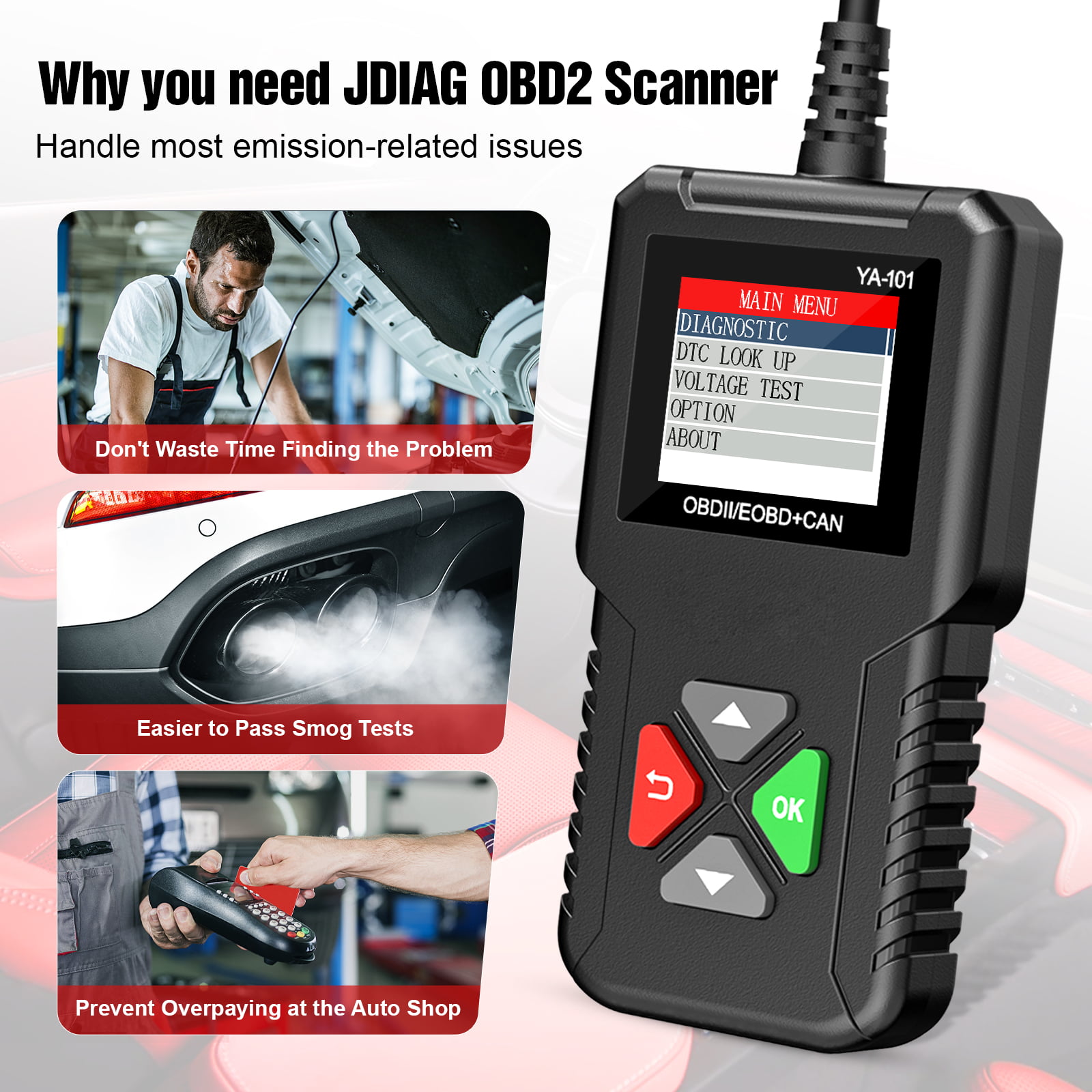 2024 Ver. EDIAG OBD2 Scanner YA-101 Auto Code Reader for Check Engine  Light,O2 Sensor,EVAP Test,On-Board Monitor Test,Smog Check,OBD2 Diagnostic  Scan