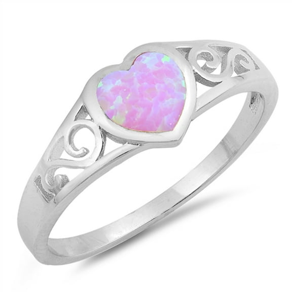 CHOOSE YOUR COLOR Pink Simulated Opal Heart Promise Filigree Swirl Ring Sterling Silver Band CZ Female Size 7